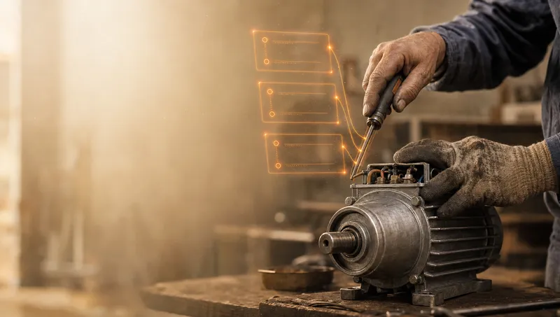 A maintenance technician works on an industrial motor; glowing ember traces resolve into ordered, structured procedure steps.