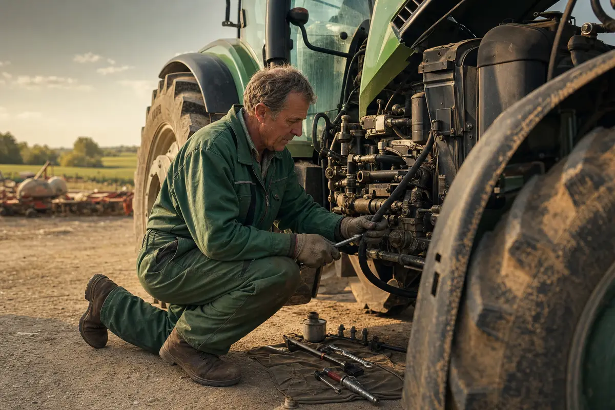 A technician servicing agricultural machinery in a field.