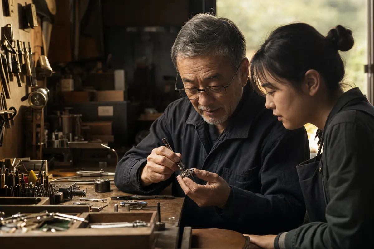 A senior craftsperson demonstrates a step while a younger apprentice watches closely.
