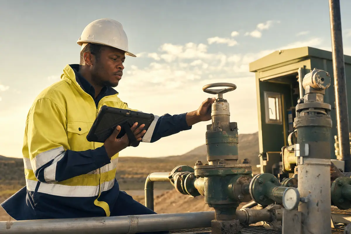 A field engineer inspecting equipment at a remote installation site.