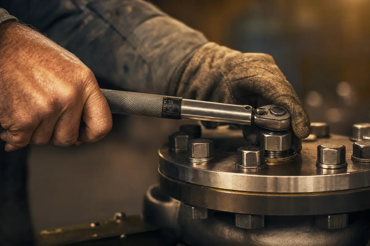 Close-up of a technician's hands using a torque wrench on a bolted flange.