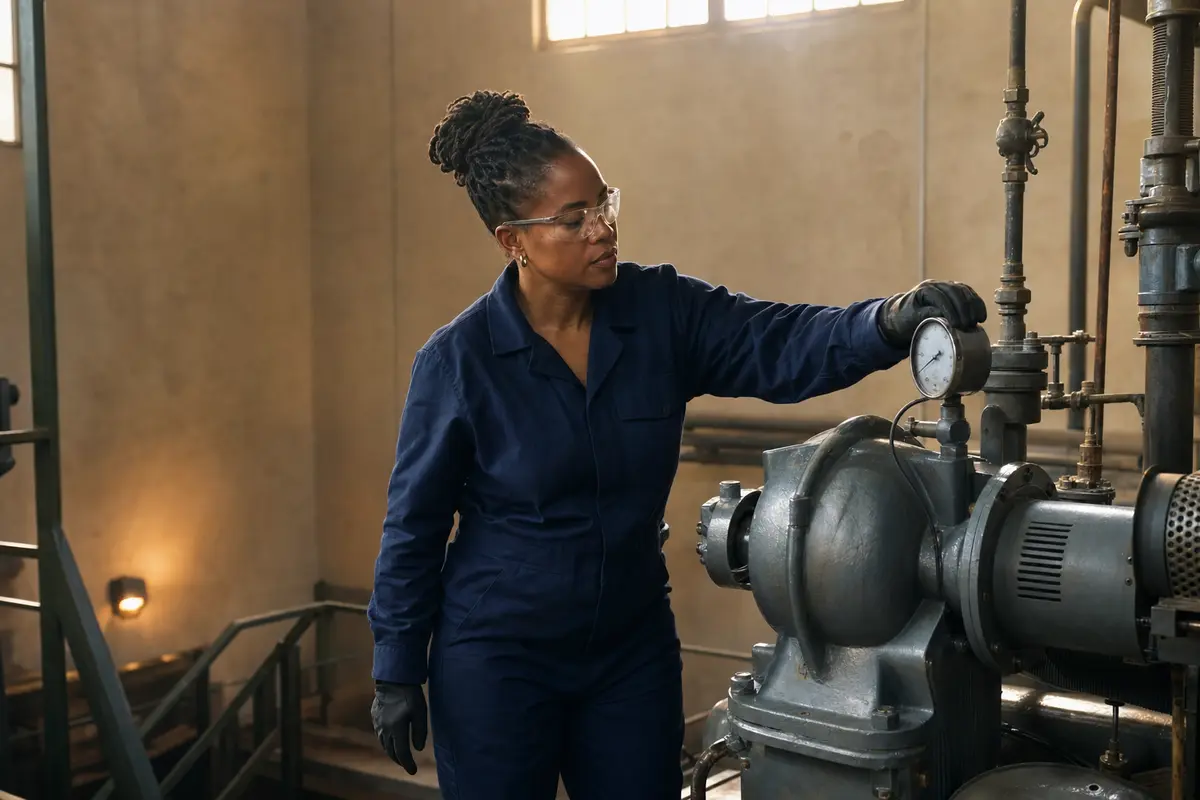 A maintenance technician runs an inspection routine on a large industrial pump.