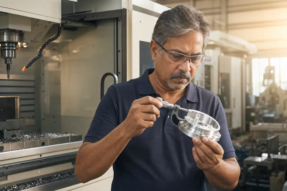 A senior line operator calibrates a CNC machine, checking a machined part with a micrometer.