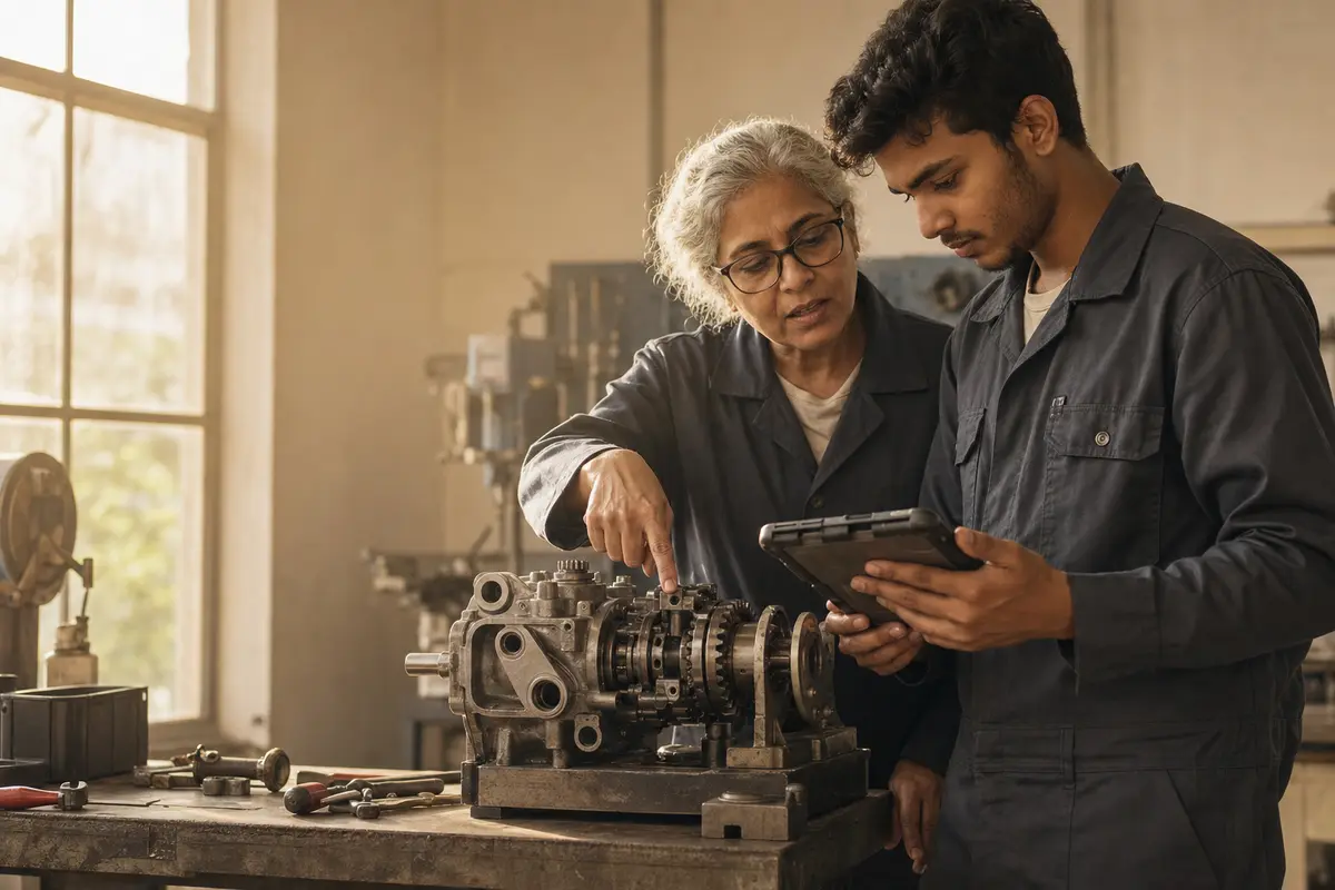 A trainee follows a structured procedure on a tablet while an experienced worker points to the next step.