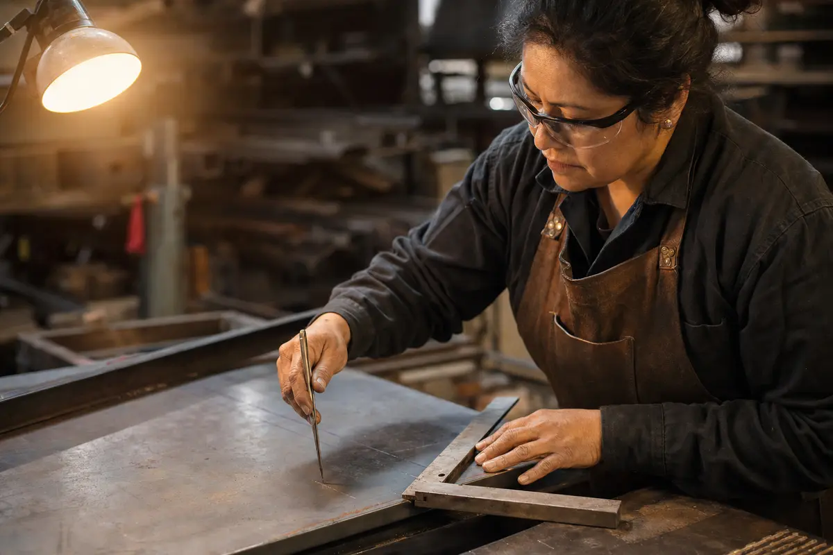 A tradesperson fabricating a metal component in a workshop.